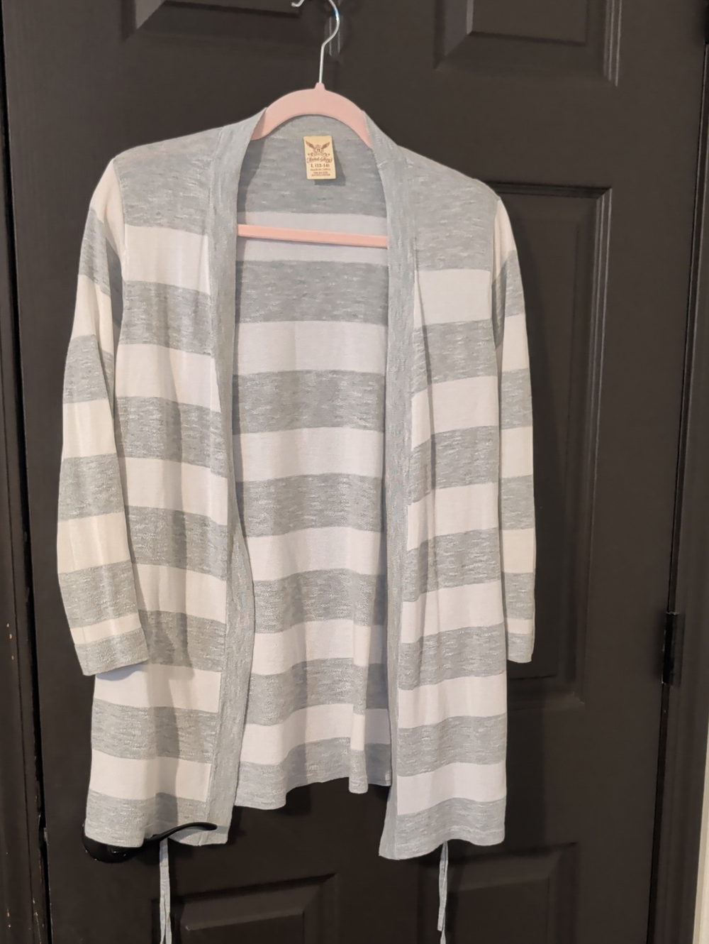 Striped Open-Front Cardigan Sweater in Light Gray and White